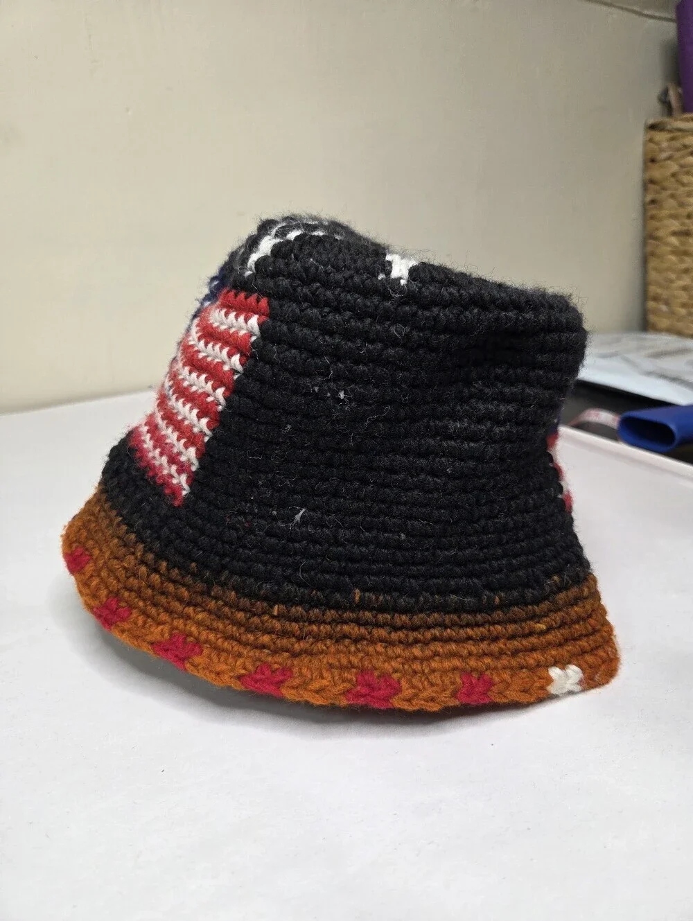 SisanDina Ecuador 100% Wool Handmade Crochet Bucket Hat American Flag Patriotic
